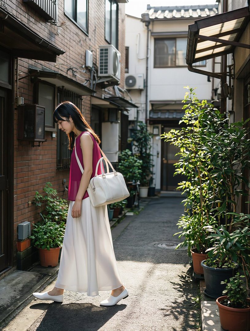 A young woman with long black hair walks down a narrow street lined with potted plants and traditional Japanese buildings.