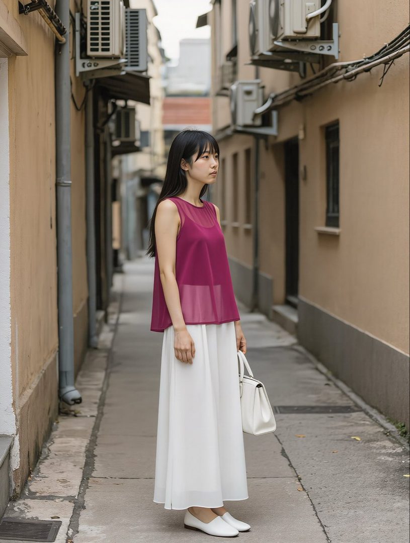 A young woman with long black hair, wearing a sheer magenta top and white wide-leg pants, stands in a narrow alleyway.