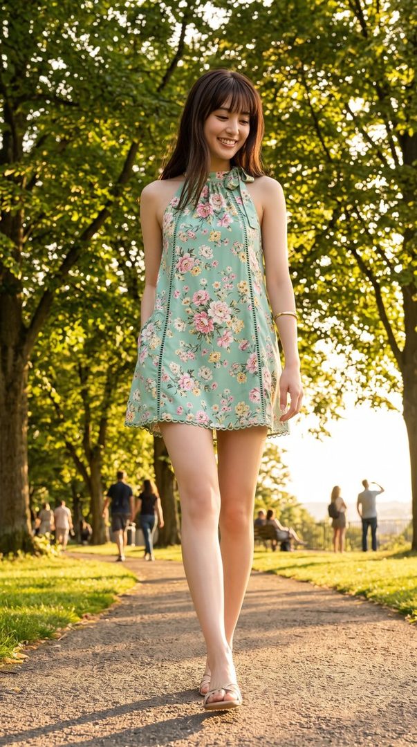 A young woman in a floral dress walks through a park during golden hour.