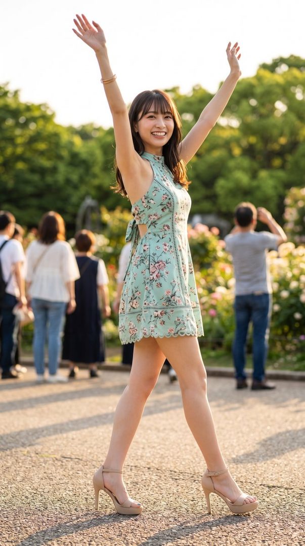 A young woman in a floral dress with her arms raised in a joyful pose, walking outdoors in a park.