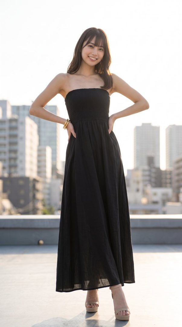 A young woman in a black strapless maxi dress poses on a rooftop with a city skyline in the background.