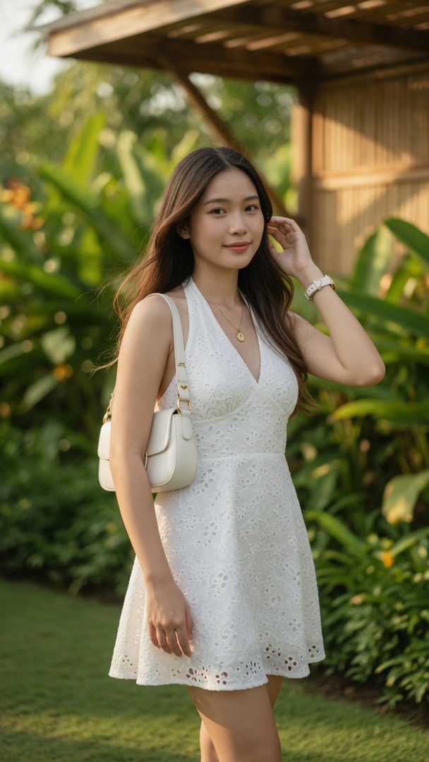 A young woman in a white halter-neck dress stands in a lush garden during golden hour, looking at the camera.