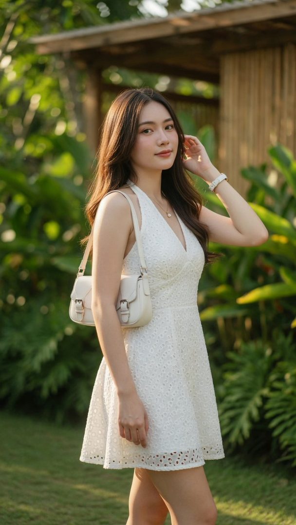 A beautiful young woman with long brown hair and a white dress stands in a lush garden during golden hour.