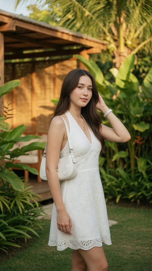 A beautiful young woman in a white lace dress stands in a tropical garden, looking at the camera.