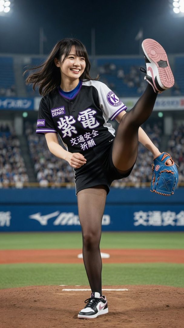 A young Japanese woman in a baseball uniform and sheer pantyhose performs a high kick on a baseball field.