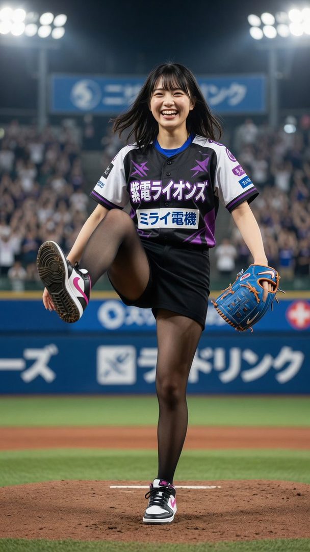 A young woman in a baseball jersey and shorts with sheer pantyhose poses like a pitcher on a baseball field at night.