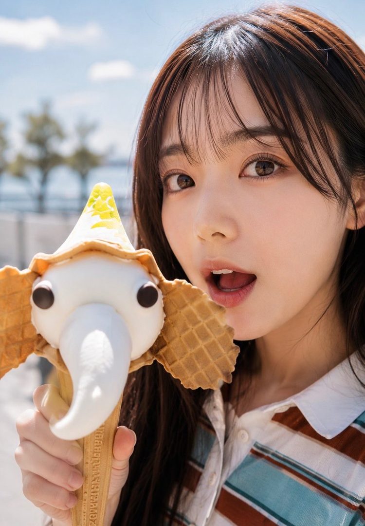 A young woman with long brown hair and bangs holds an elephant-shaped ice cream cone outdoors on a sunny day.