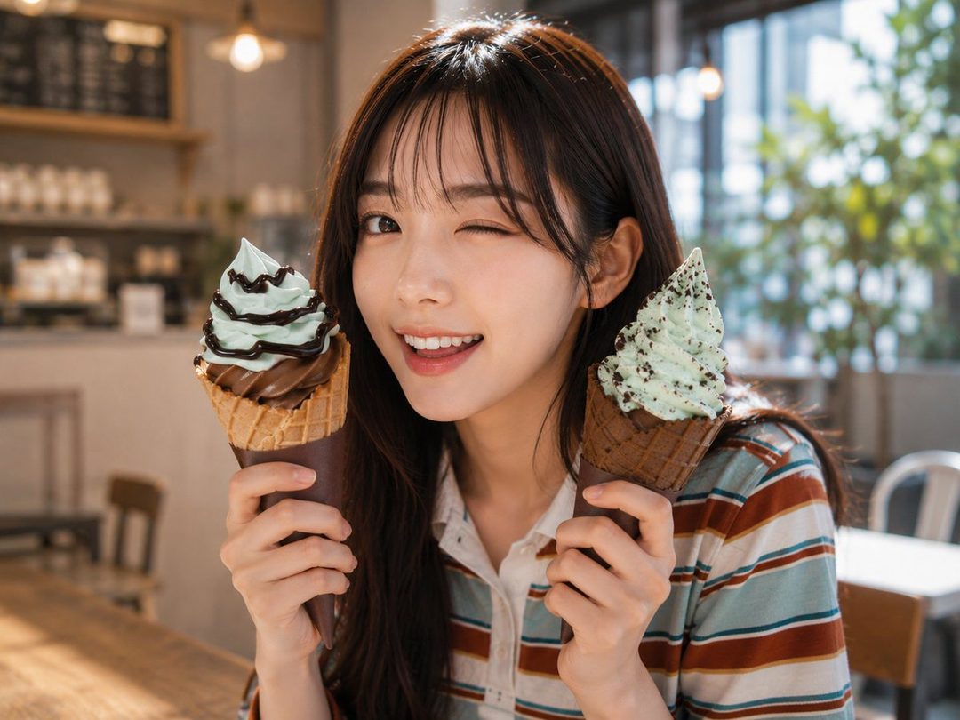 A young woman winks at the camera while holding two ice cream cones in a cafe.