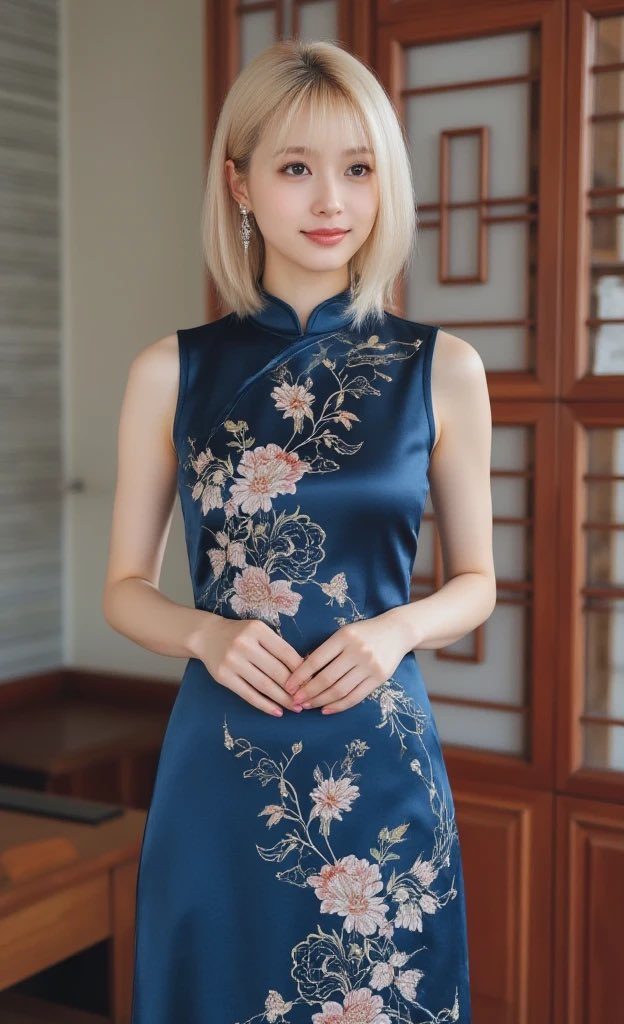 A woman with blonde bob hair and bangs wears a blue floral cheongsam dress indoors.