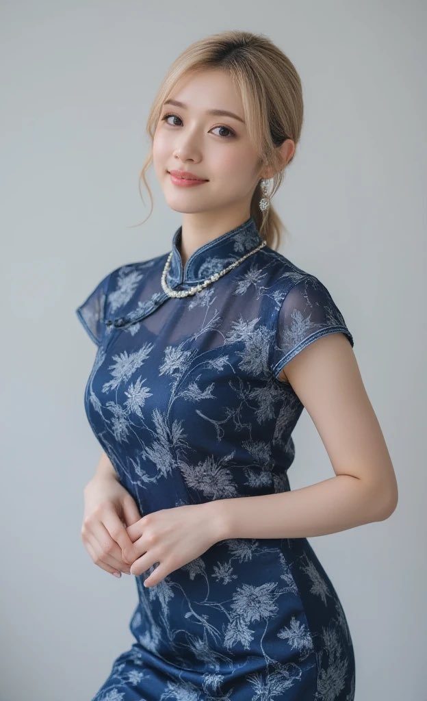 A beautiful woman with blonde hair tied in a ponytail, wearing a blue floral cheongsam dress and a pearl necklace, smiles gently at the camera.