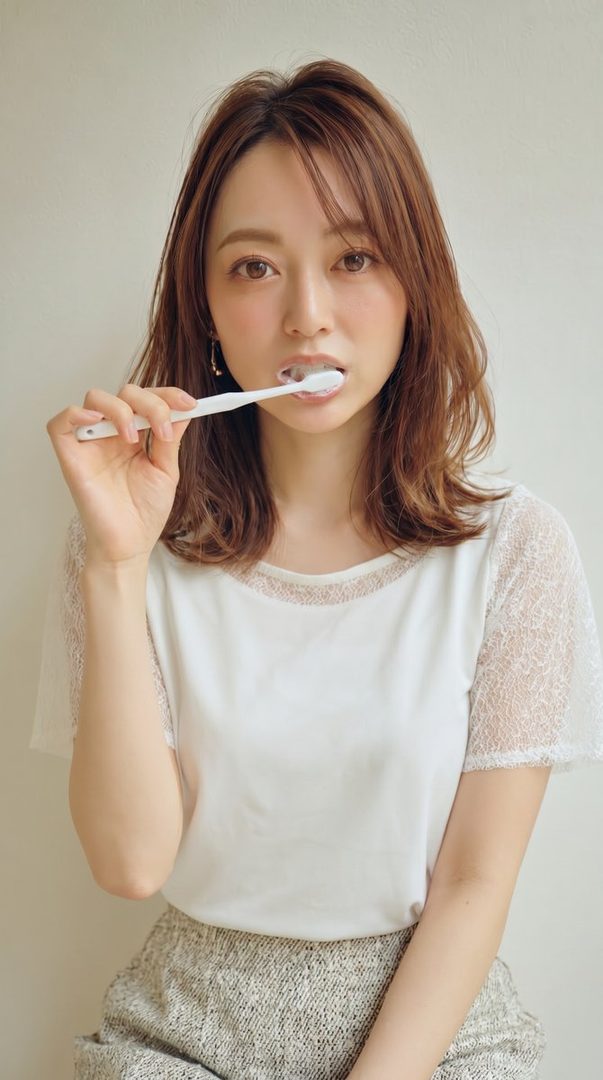 A young woman with brown hair is brushing her teeth, looking directly at the camera.
