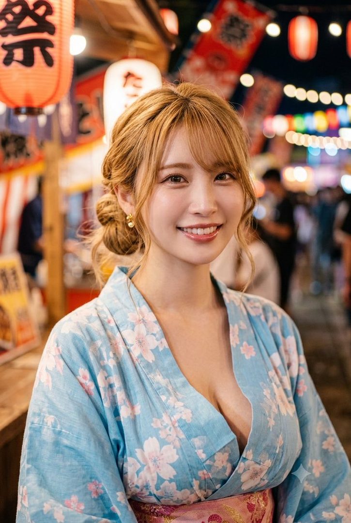 A smiling woman with blonde hair and bangs wears a light blue kimono with pink cherry blossoms, standing on a street at night with lanterns and blurred lights in the background.