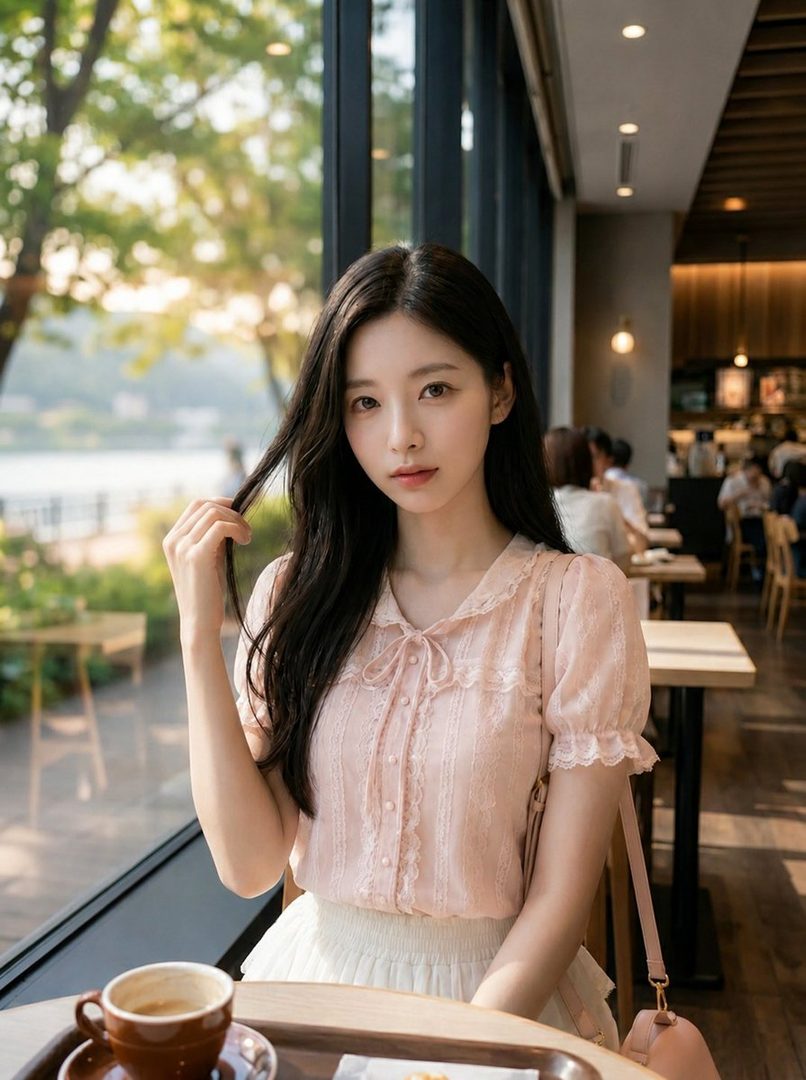 A young woman with long black hair wearing a pink lace blouse and white skirt, sitting in a cafe with a cup of coffee.