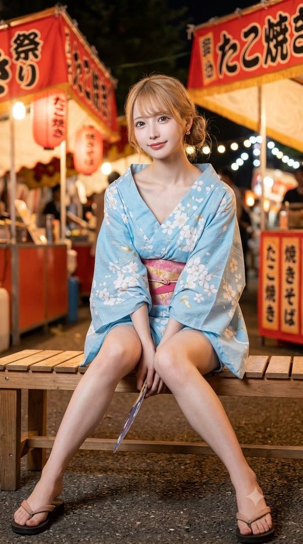 A young woman with blonde hair wearing a light blue yukata with white floral patterns sits on a wooden bench at a night festival, smiling gently at the camera.