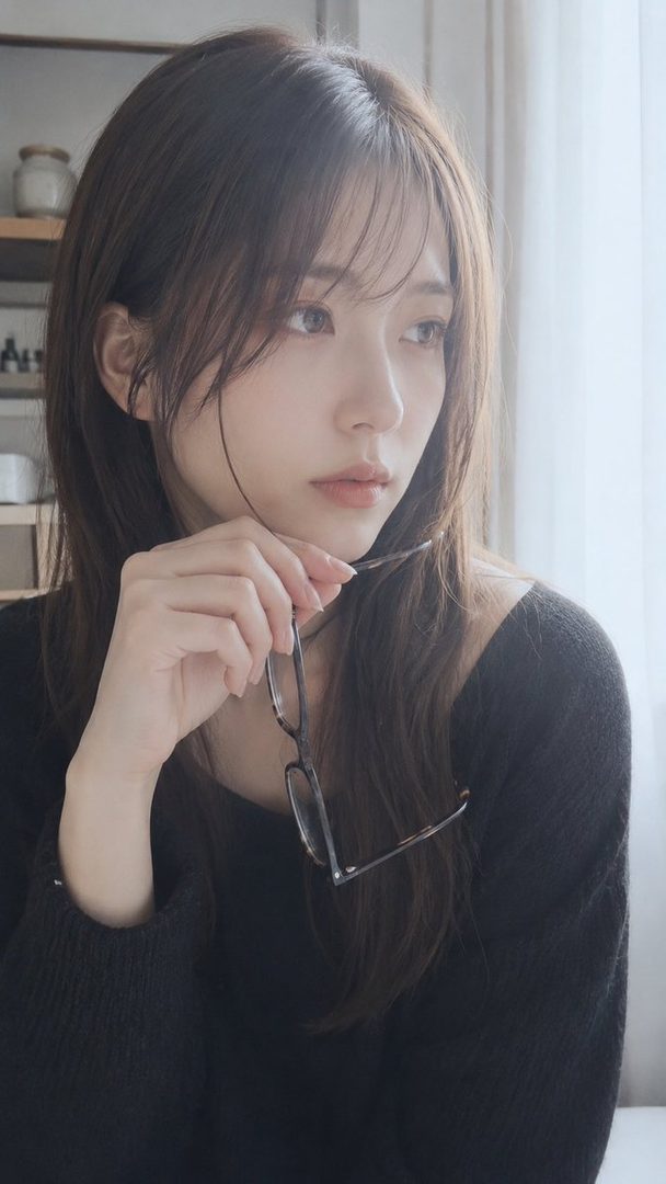 A young woman with long brown hair and bangs, wearing a black knit top, holds glasses and looks thoughtfully to the side in an indoor setting.