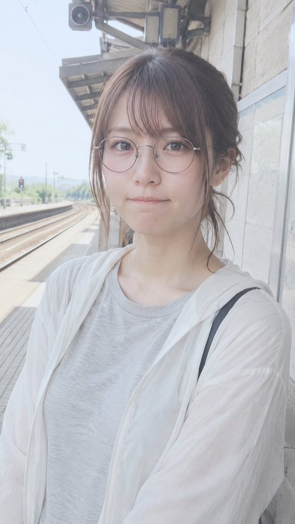 A young woman with glasses and a casual outfit stands on a train platform.
