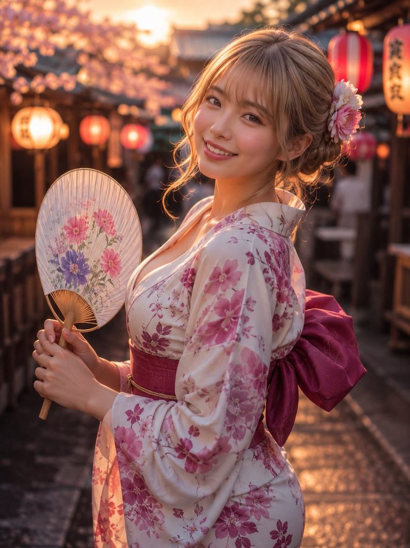 A beautiful woman in a floral yukata smiles while holding a fan on a Japanese street at golden hour.
