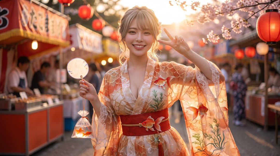 A smiling woman in a goldfish-patterned yukata holds a fan and a bag of goldfish at a summer festival during golden hour.