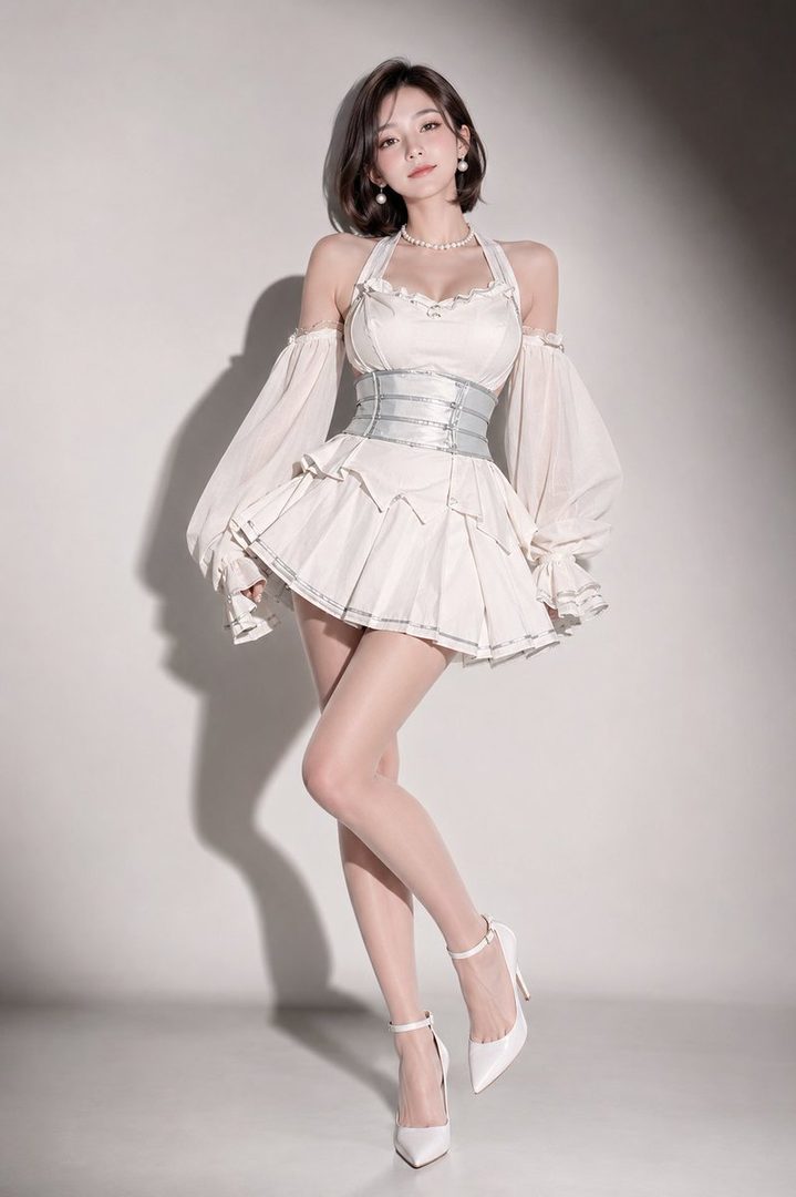 A woman with short brown hair poses in a white halter-neck dress with sheer sleeves and a silver corset in a studio setting.