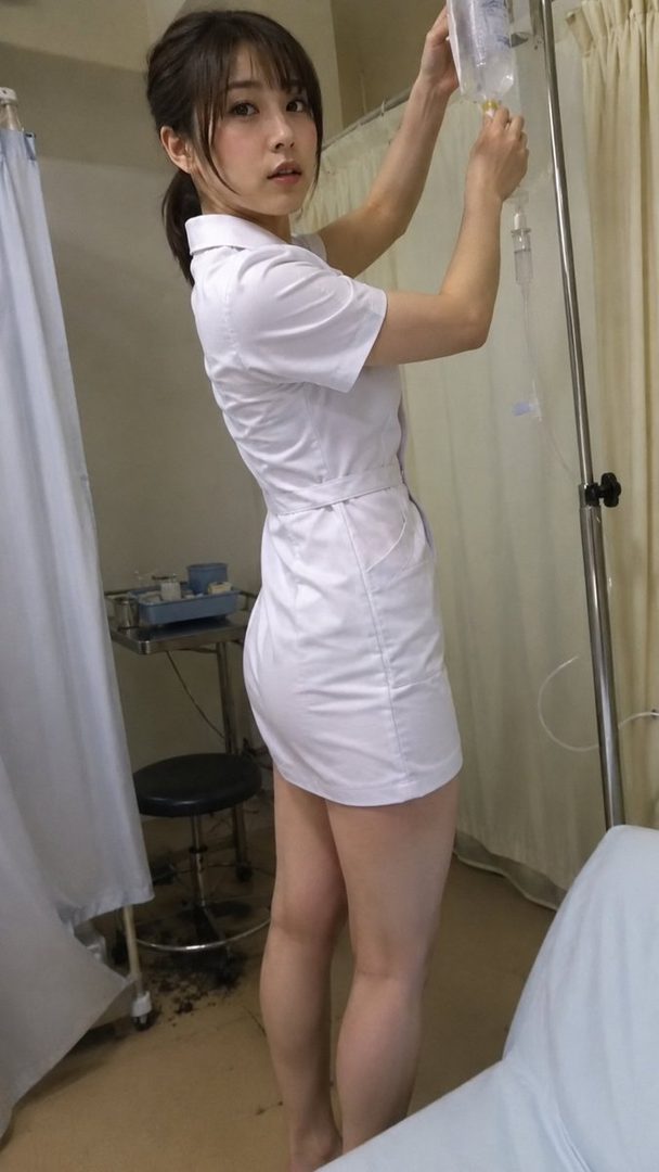 A young woman in a short white nurse uniform adjusts an IV drip in a hospital room.