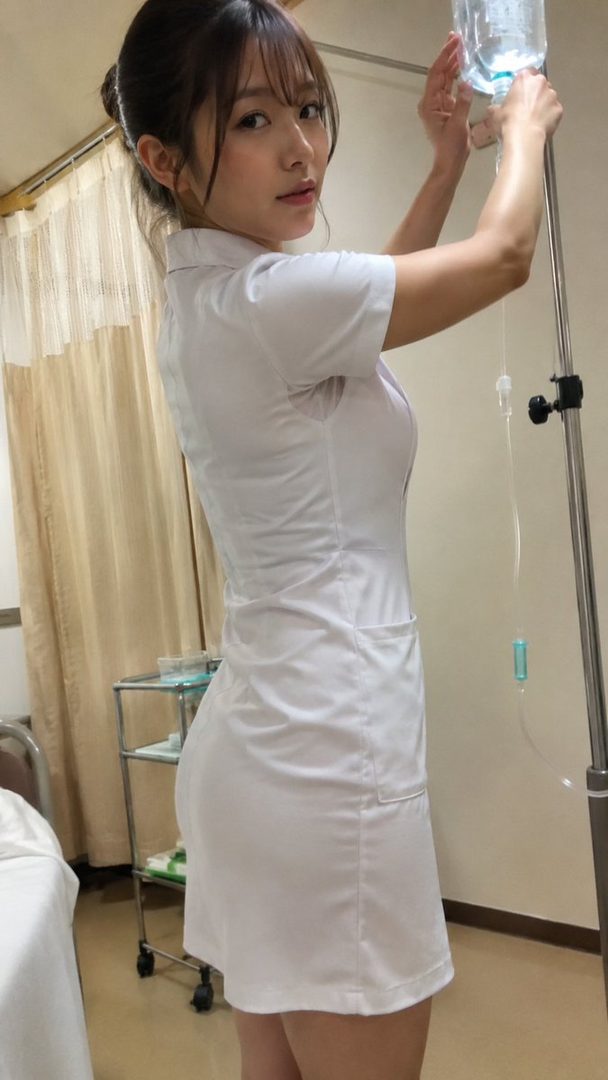 A young woman in a short white nurse uniform adjusts an IV drip in a hospital room.