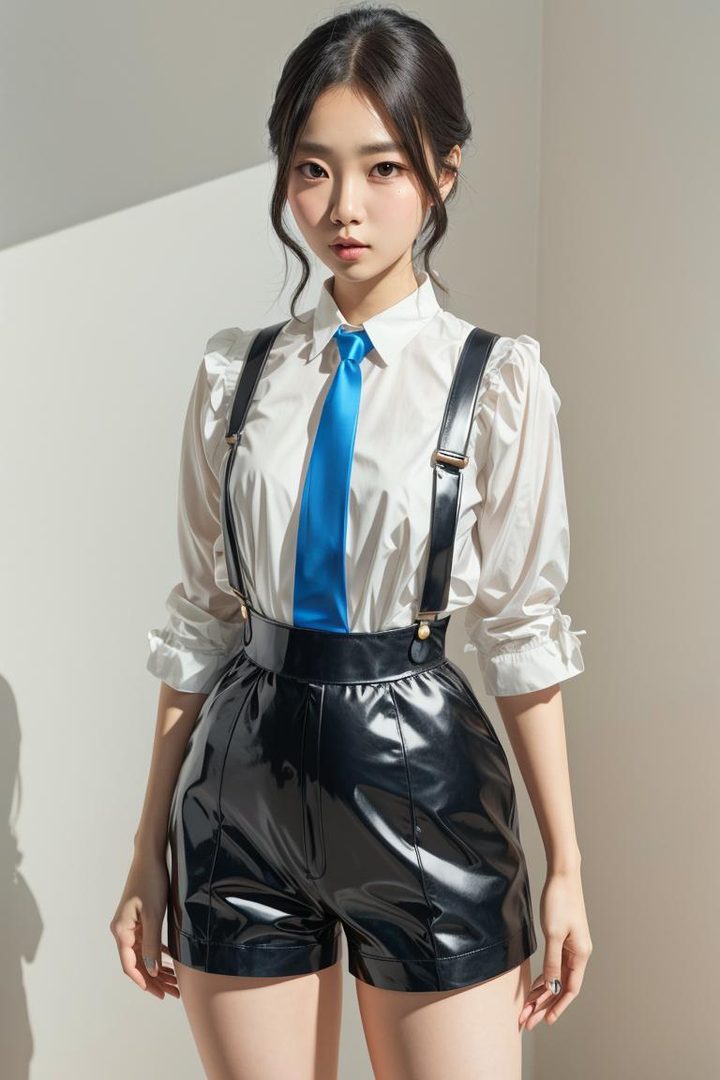 A young woman with dark hair wears a white blouse, a blue tie, and black suspenders with shiny black shorts, posing indoors.