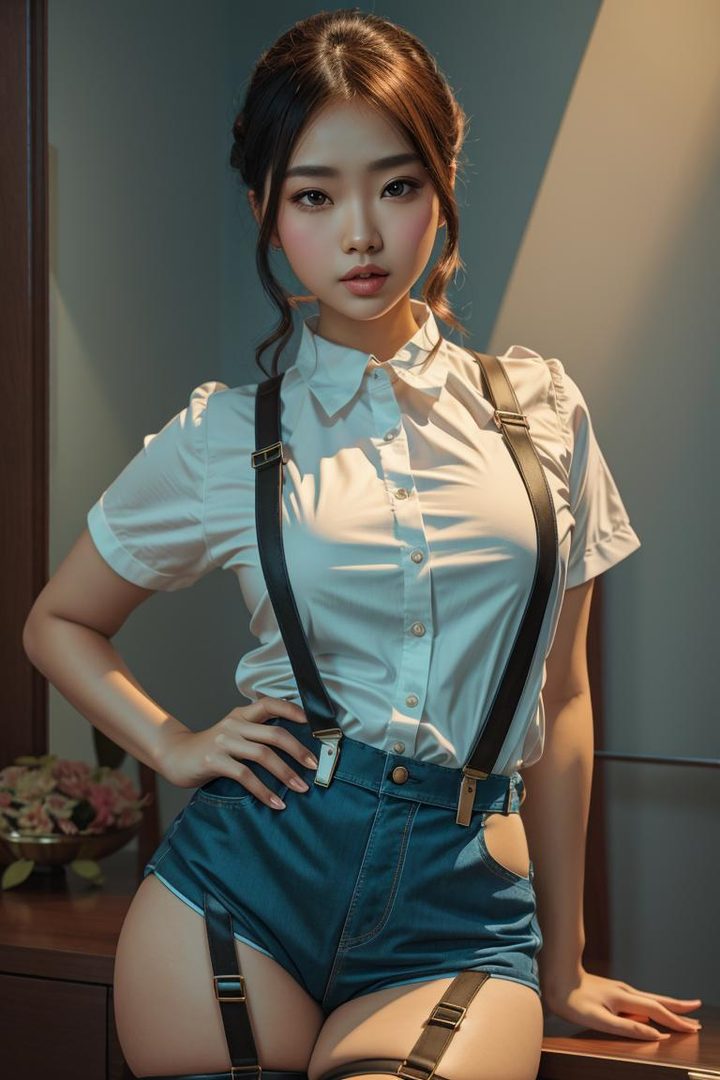 A photorealistic portrait of a young East Asian woman wearing a white blouse, denim shorts, and suspenders, posing indoors.