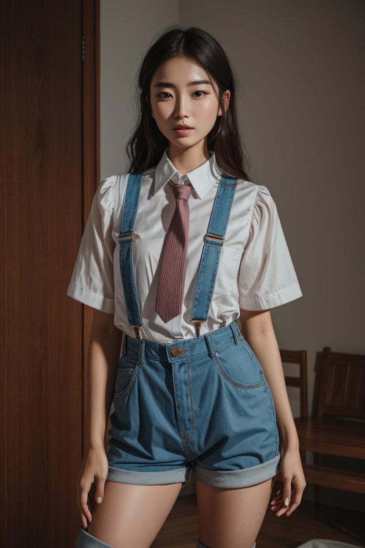 A young woman with long black hair wears a white shirt, pink tie, and denim shorts with suspenders, standing indoors.