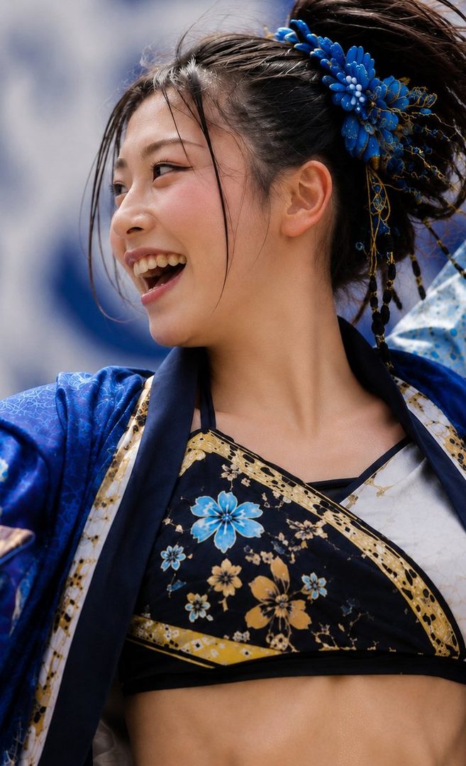 A smiling woman with black hair tied in a ponytail adorned with blue floral ornaments, wearing a blue and white kimono-style top with a floral pattern.