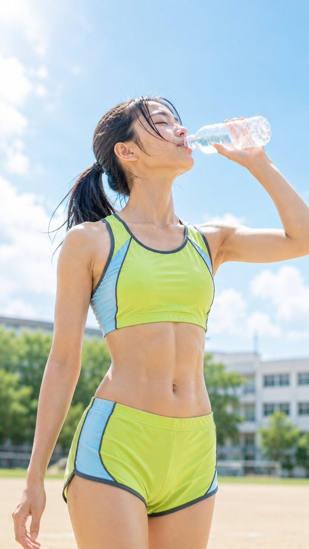 A fit woman in sportswear drinks water outdoors under a clear blue sky.