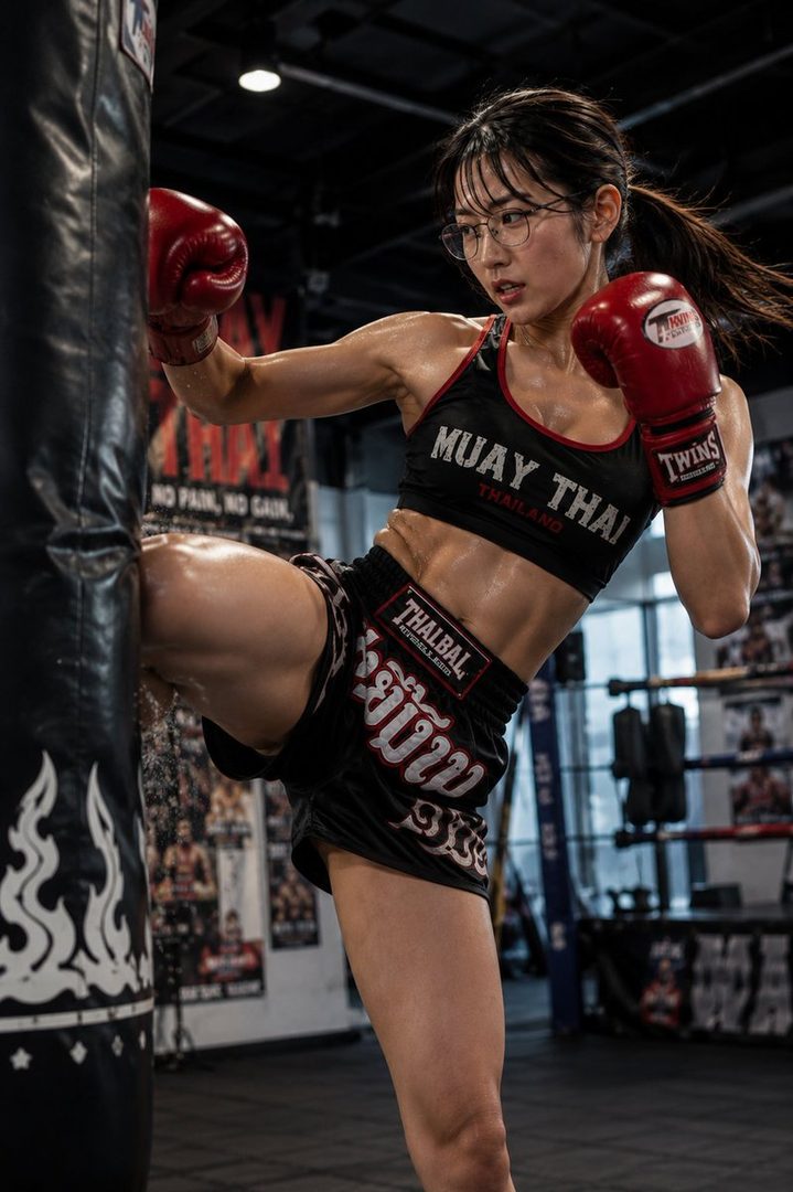 A determined woman in Muay Thai gear and glasses kicks a punching bag in a gym.