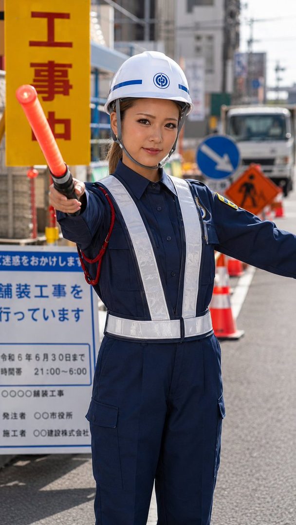 A young woman in a construction worker's uniform and hard hat holds a red signal baton on a city street.
