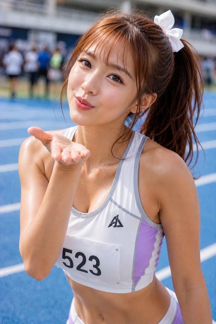 A cute East Asian woman in sportswear with a ponytail and bangs blows a kiss on an outdoor track.