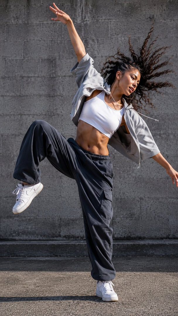 A woman with curly brown hair in sportswear is captured mid-dance move against a concrete wall.