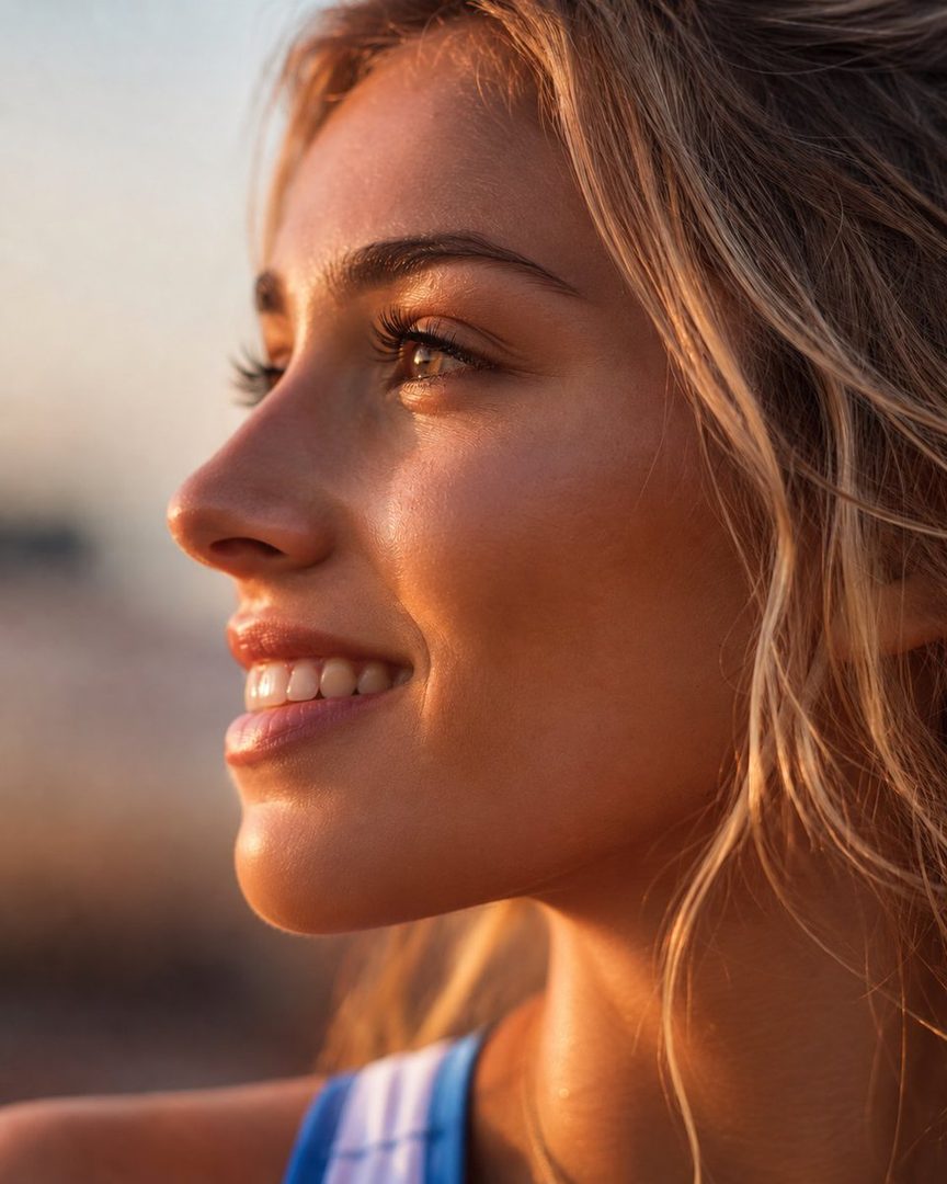 A close-up portrait of a smiling woman with blonde hair, illuminated by golden hour sunlight, looking off to the side.