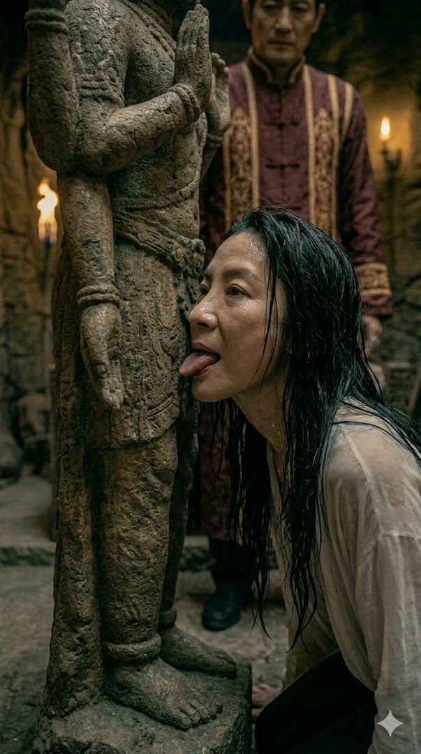 A woman with wet hair licks a stone statue while a man in traditional clothing watches.