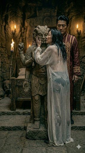 A woman in a sheer white dress kisses a stone statue in a dimly lit chamber, with a man in ornate robes standing behind her.