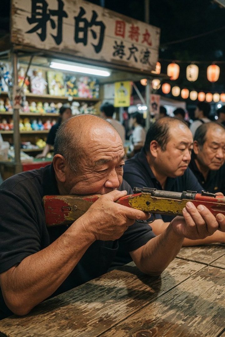 An elderly East Asian man aims a toy rifle at a shooting gallery stall at a summer festival.