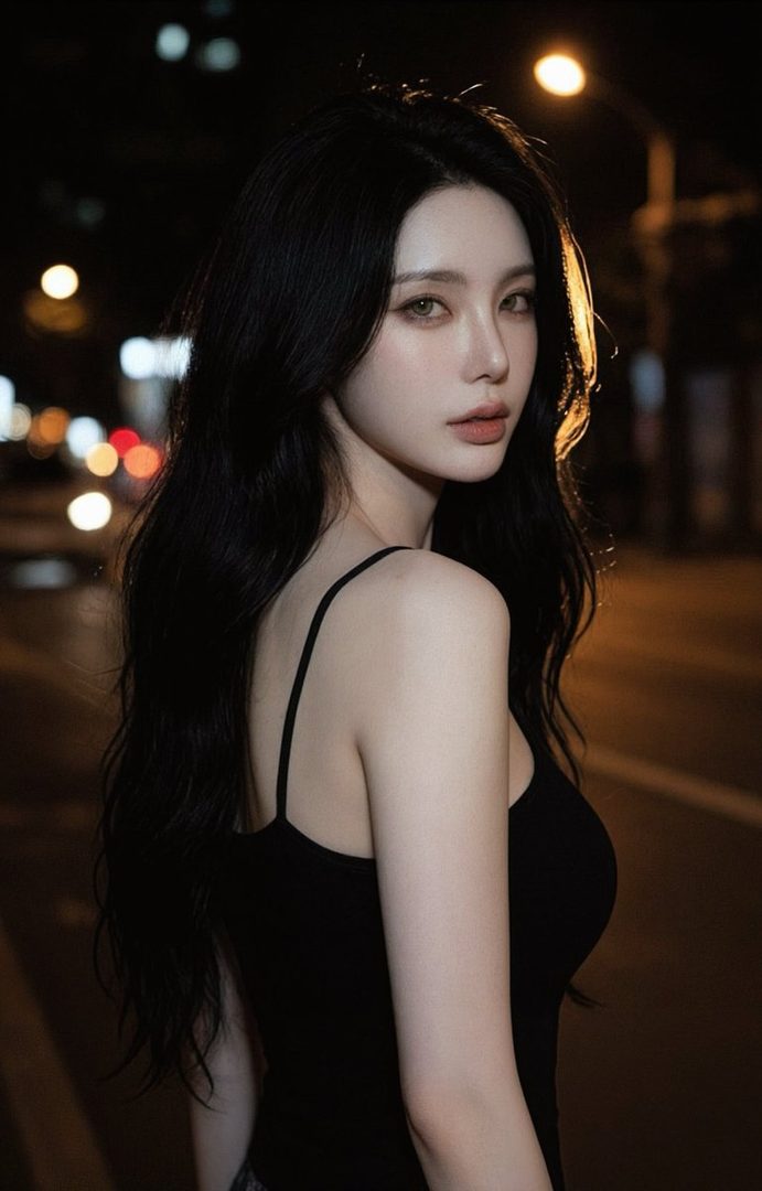 A beautiful East Asian woman with long black hair looks back over her shoulder at night, with city lights blurred in the background.
