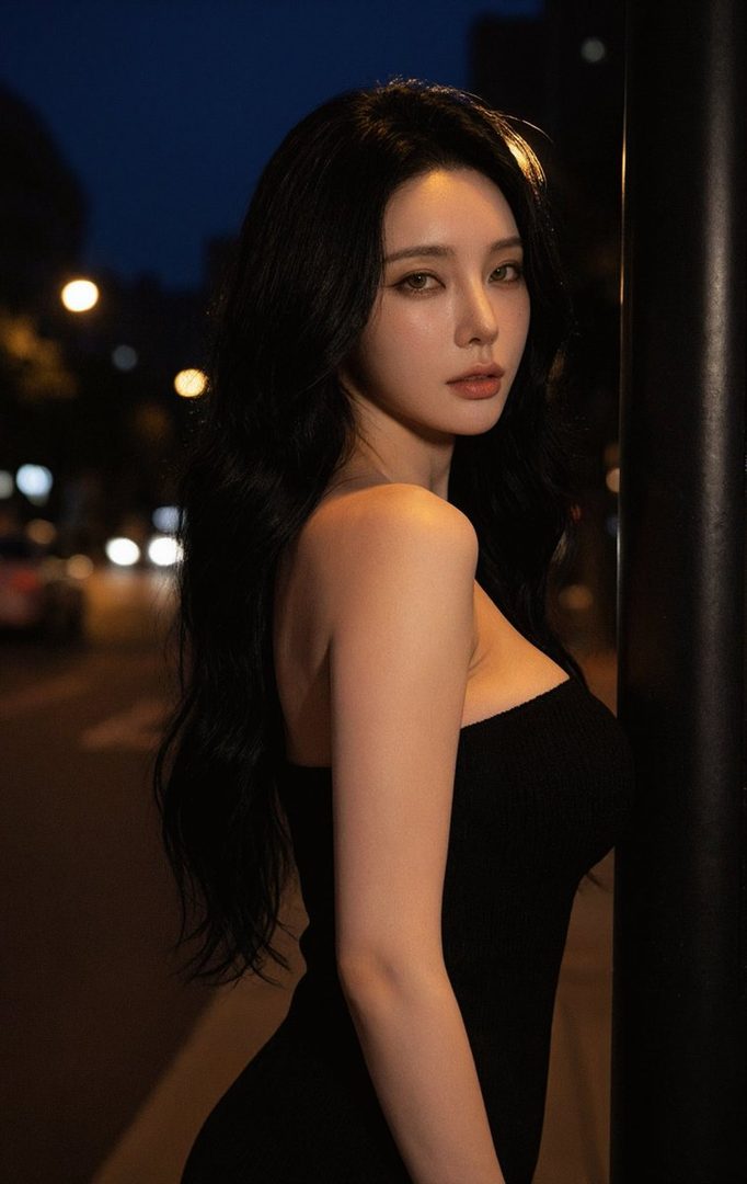 A beautiful East Asian woman with long black hair, wearing a black strapless dress, poses suggestively on a city street at night.