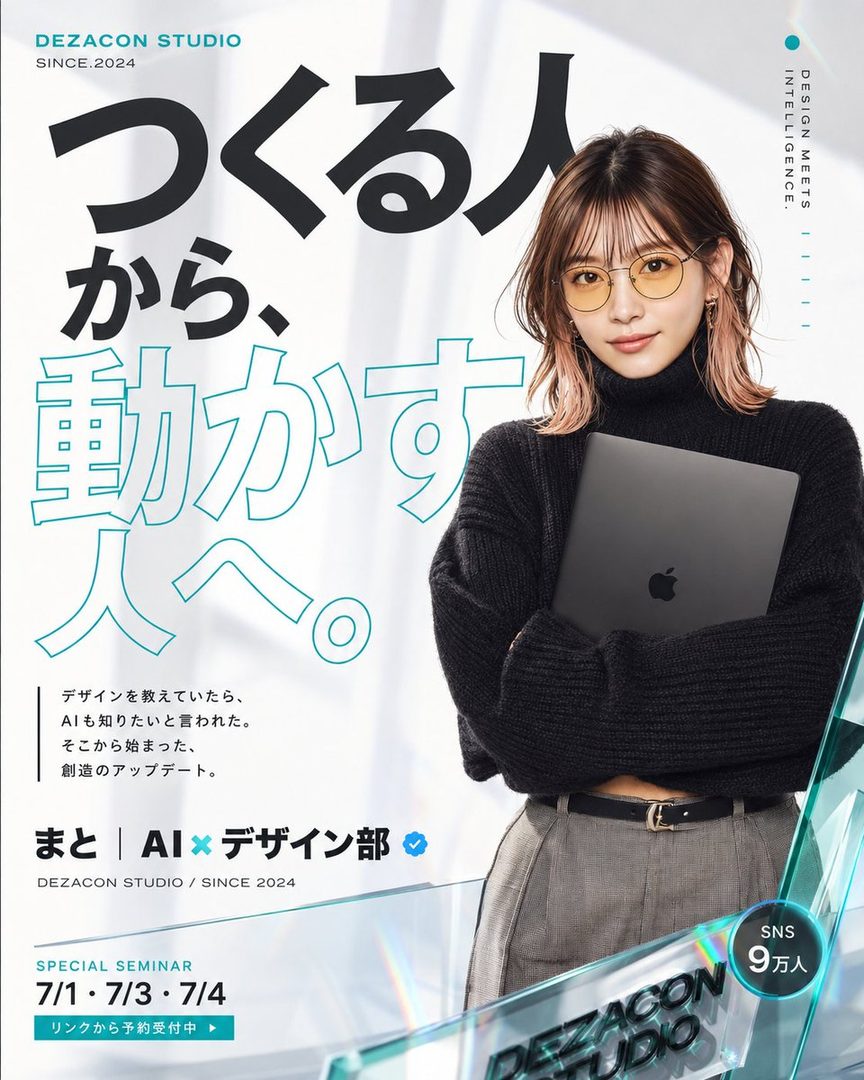 A young East Asian woman with brown hair and bangs, wearing a black turtleneck sweater and glasses, holds a laptop and poses for a studio portrait.