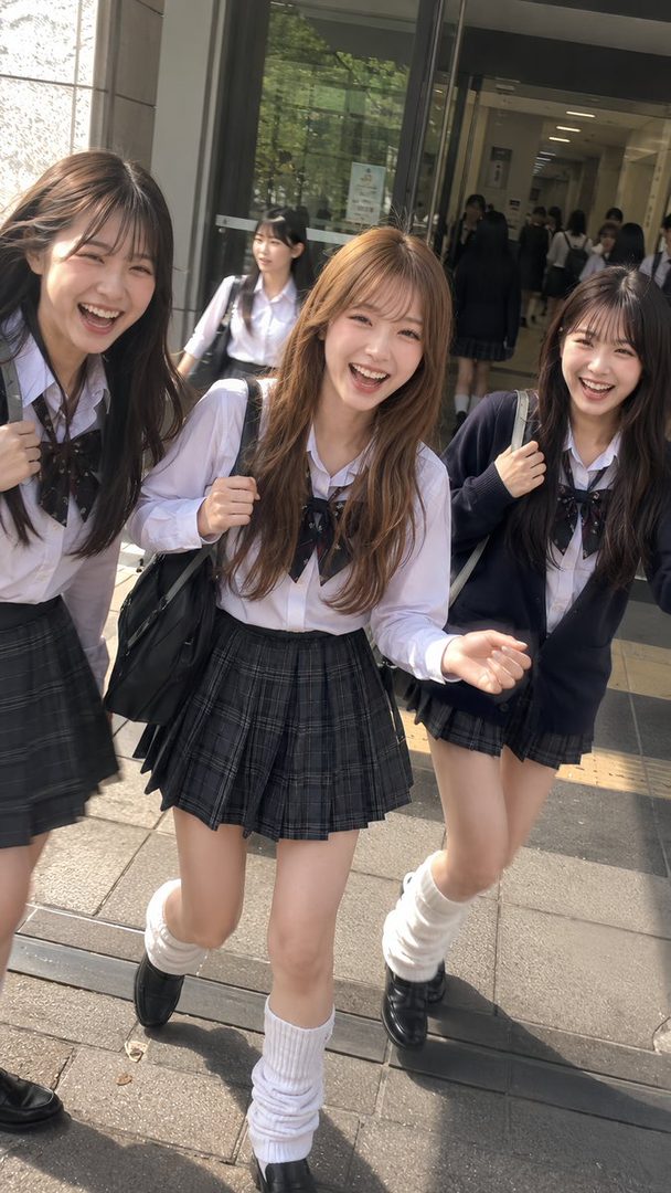 Three young women in Japanese school uniforms are laughing and walking together on a sunny day.