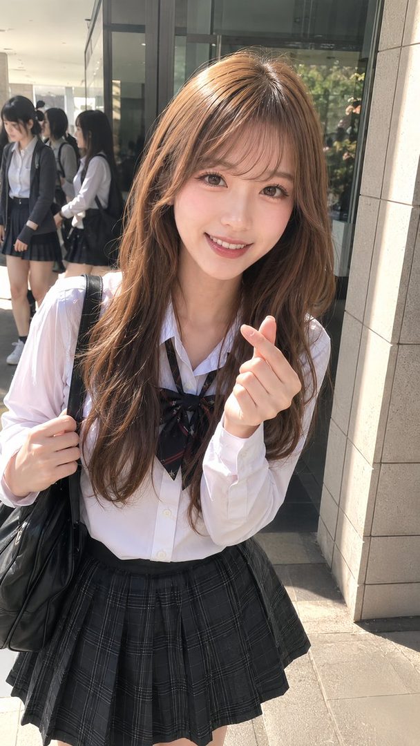 A young woman in a school uniform smiles and makes a heart gesture with her fingers on a sunny street.