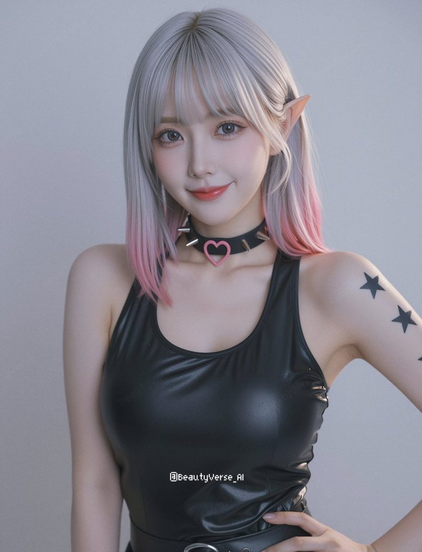 A young woman with silver and pink ombre hair, wearing a black tank top and a choker with a heart pendant, poses for a portrait.