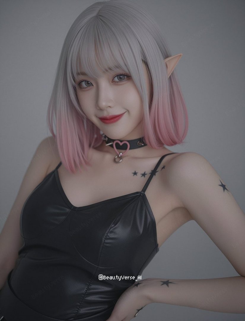 A young woman with short, silver and pink ombre hair, elf ears, and a black choker, wearing a black camisole, poses for a portrait.