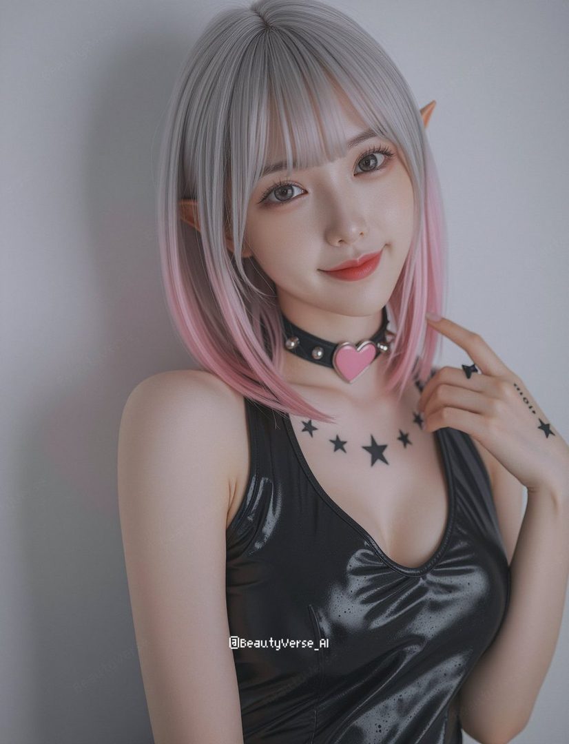 A young woman with silver and pink ombre hair, pointed elf ears, and a black choker with a pink heart, posing in a black shiny top.