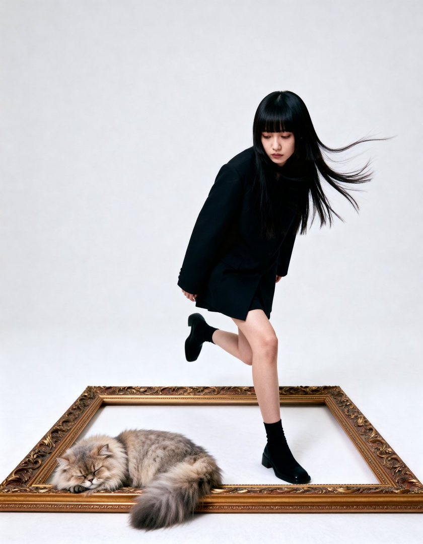 A young woman with long black hair and bangs, wearing a black outfit, poses in a studio setting next to a sleeping cat inside a golden picture frame.