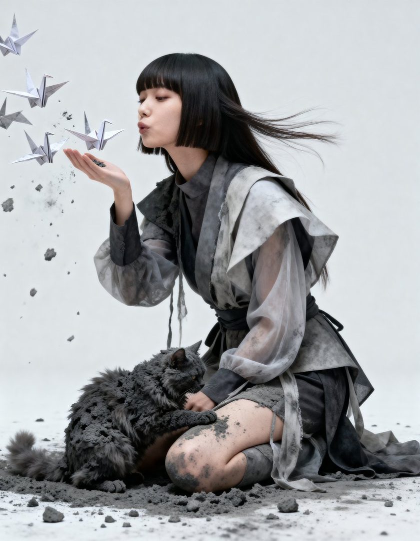 A young woman with black bob-cut hair blows on origami cranes, with a fluffy grey cat beside her, in a studio setting with grey dust scattered around.