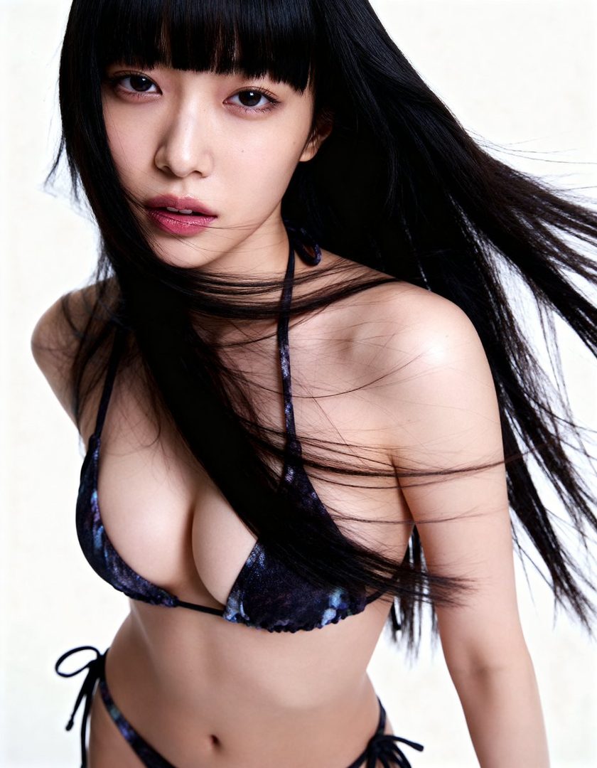 A young woman with long black hair and bangs, wearing a dark patterned bikini, poses in a studio setting.