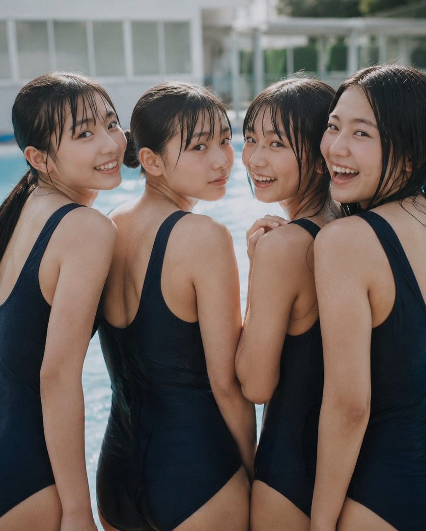 Four young East Asian women in navy blue one-piece swimsuits pose by a pool, smiling at the camera.